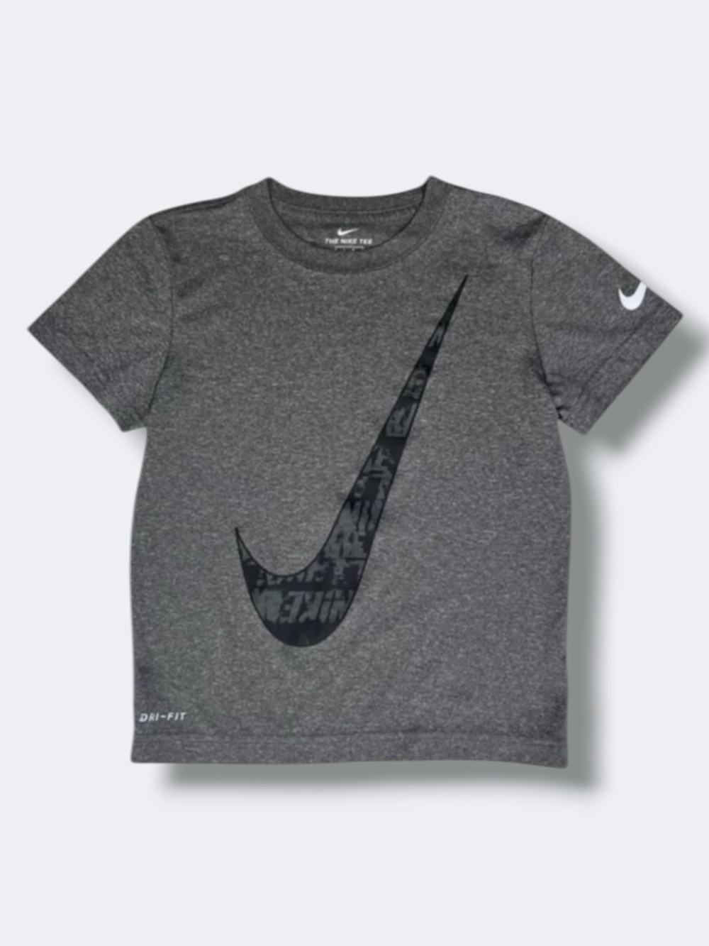 Nike Boys Shirt Size 7 Gray Black Dri-FIT Athletic Tee Large Swoosh Logo Sporty